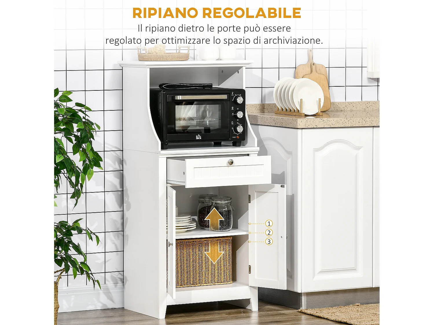 Mobile cucina per microonde con cassetto e armadietto bianco