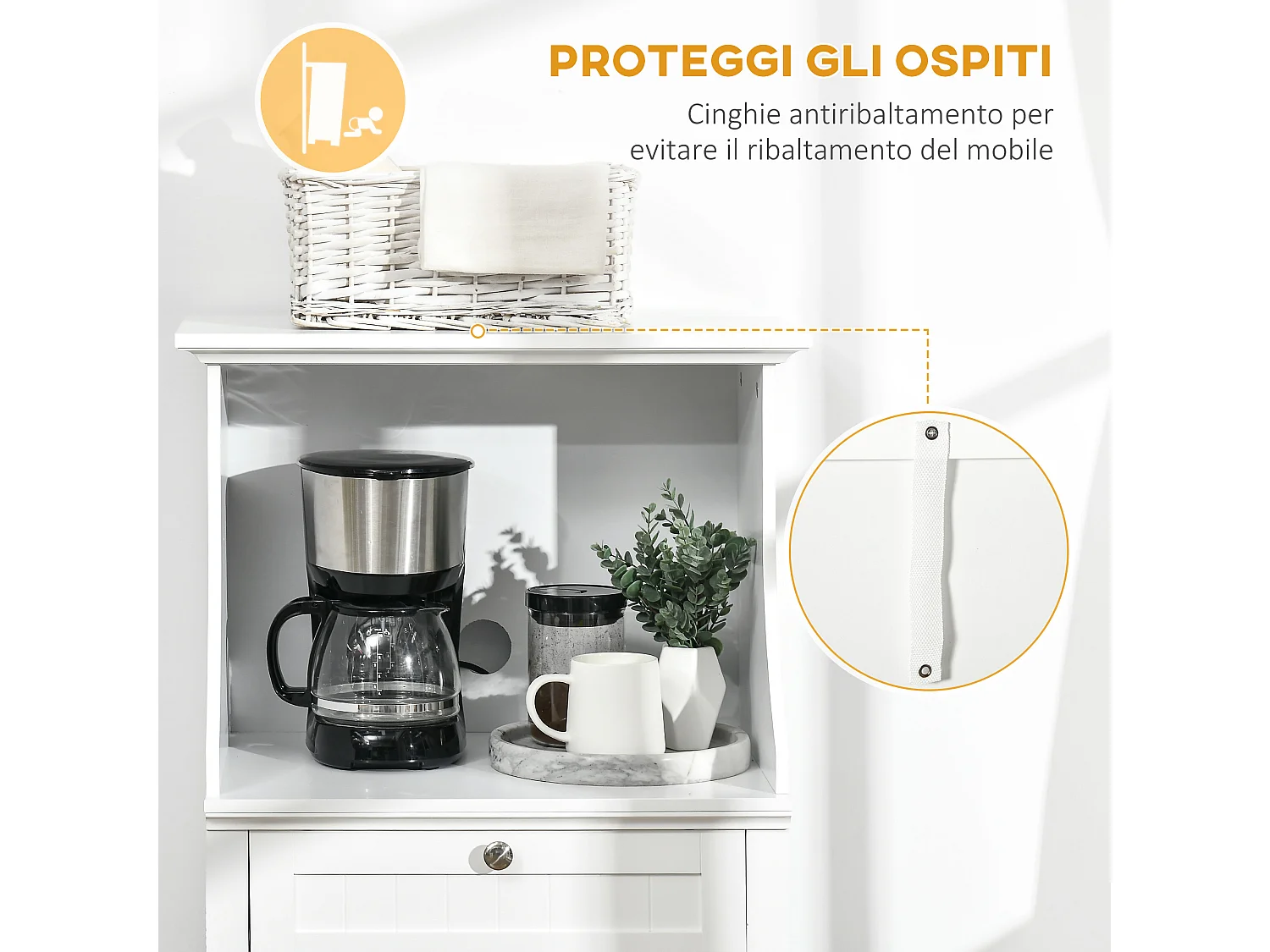 Mobile cucina per microonde con cassetto e armadietto bianco
