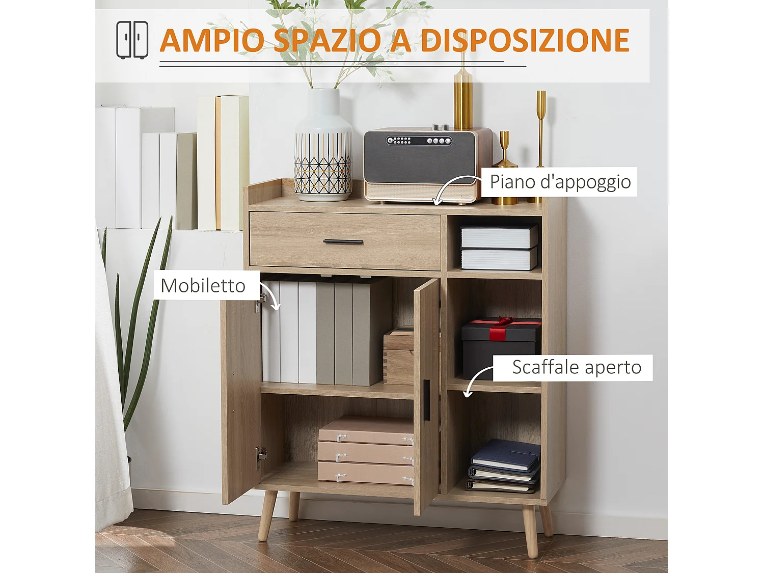 Credenza moderna multiuso con cassetto e armadietto in legno