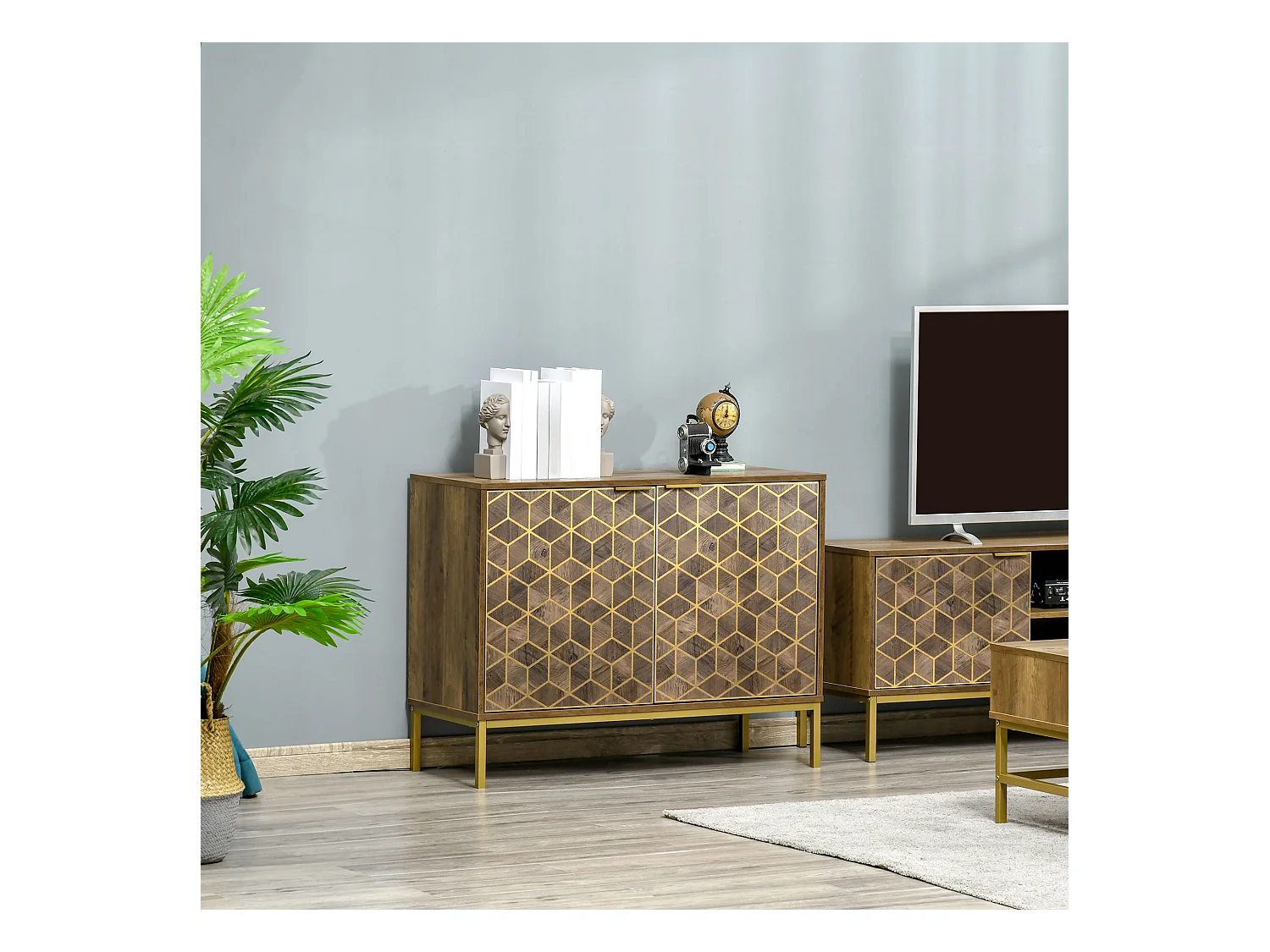 Mobile da ingresso moderno con decori dorati e gambe in acciaio