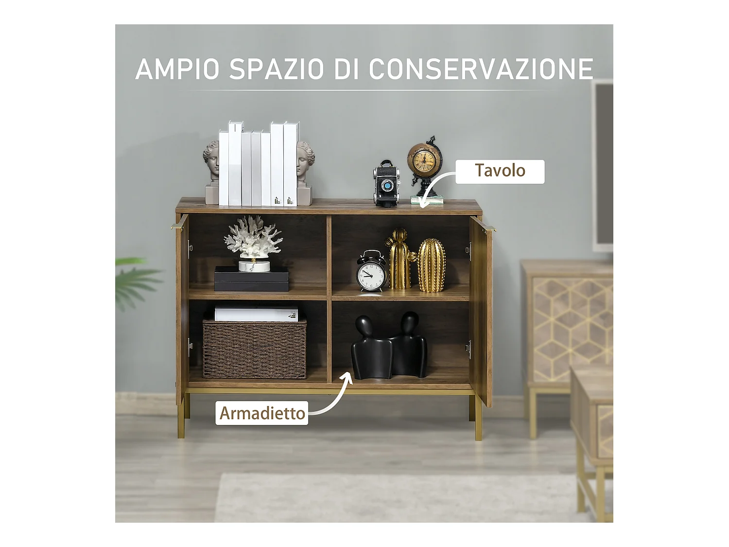 Mobile da ingresso moderno con decori dorati e gambe in acciaio