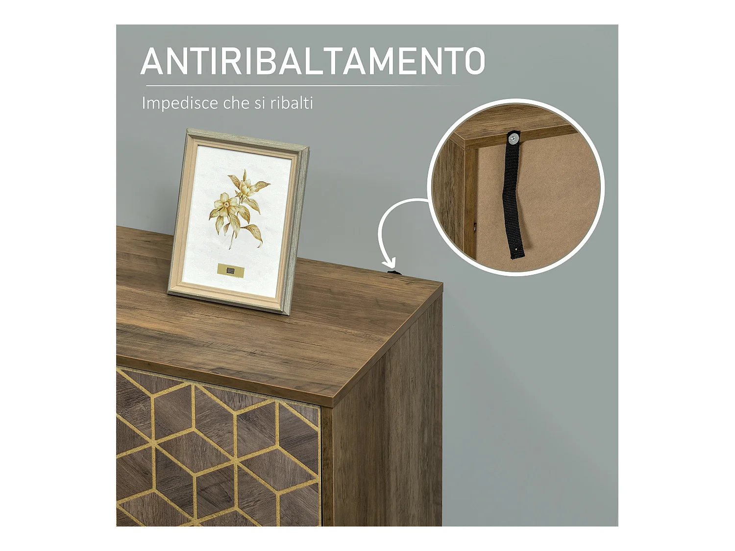 Mobile da ingresso moderno con decori dorati e gambe in acciaio