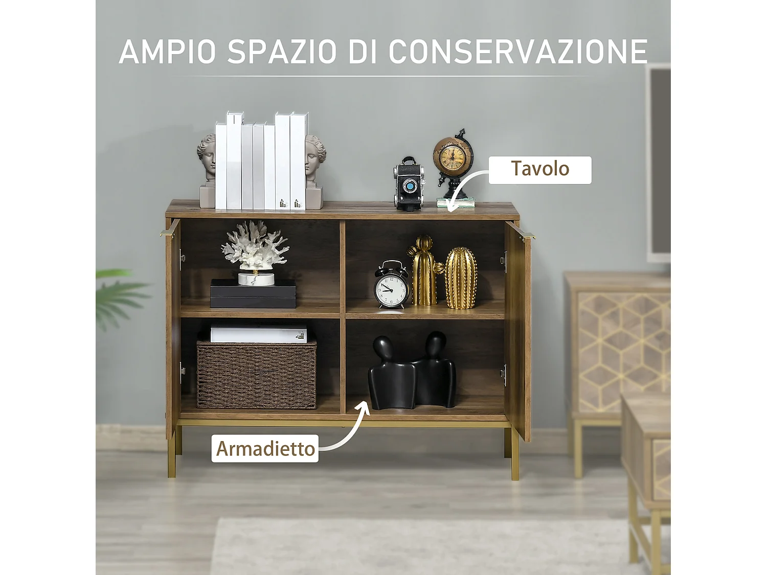 Mobile da ingresso moderno con decori dorati e gambe in acciaio