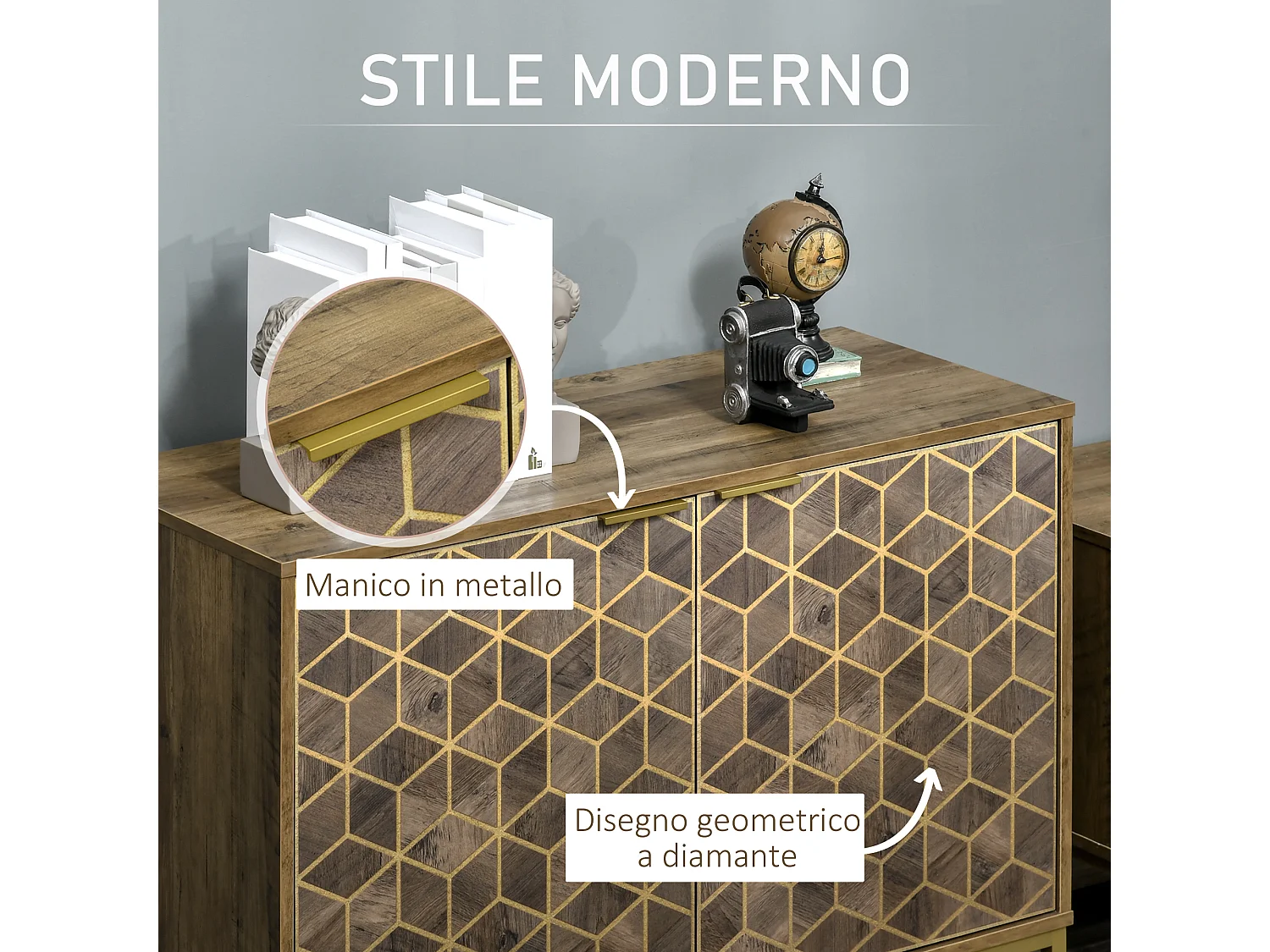 Mobile da ingresso moderno con decori dorati e gambe in acciaio