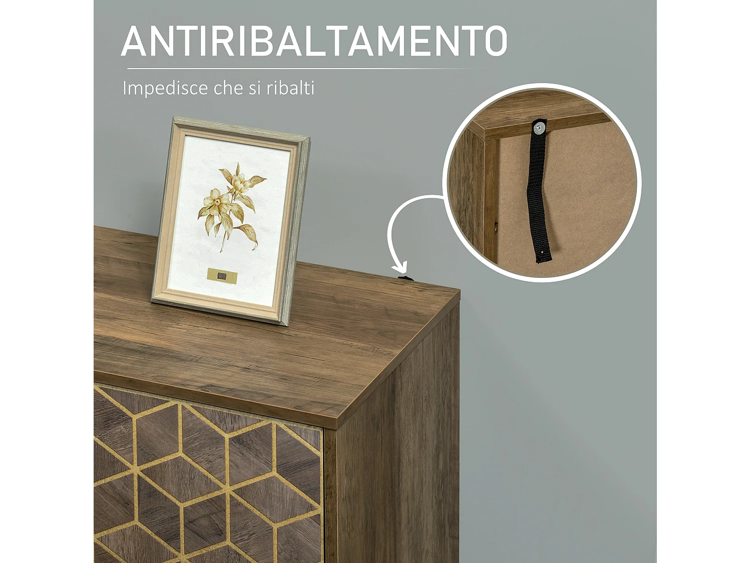 Mobile da ingresso moderno con decori dorati e gambe in acciaio