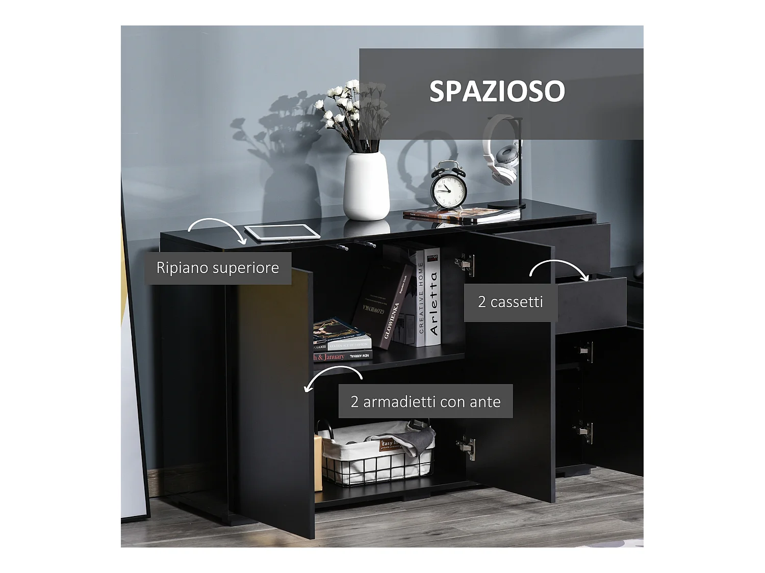 Mobiletto multiuso con apertura a pressione 117x36x74cm nero