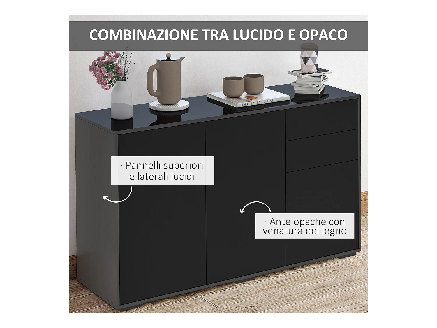 Mobiletto multiuso con apertura a pressione 117x36x74cm nero
