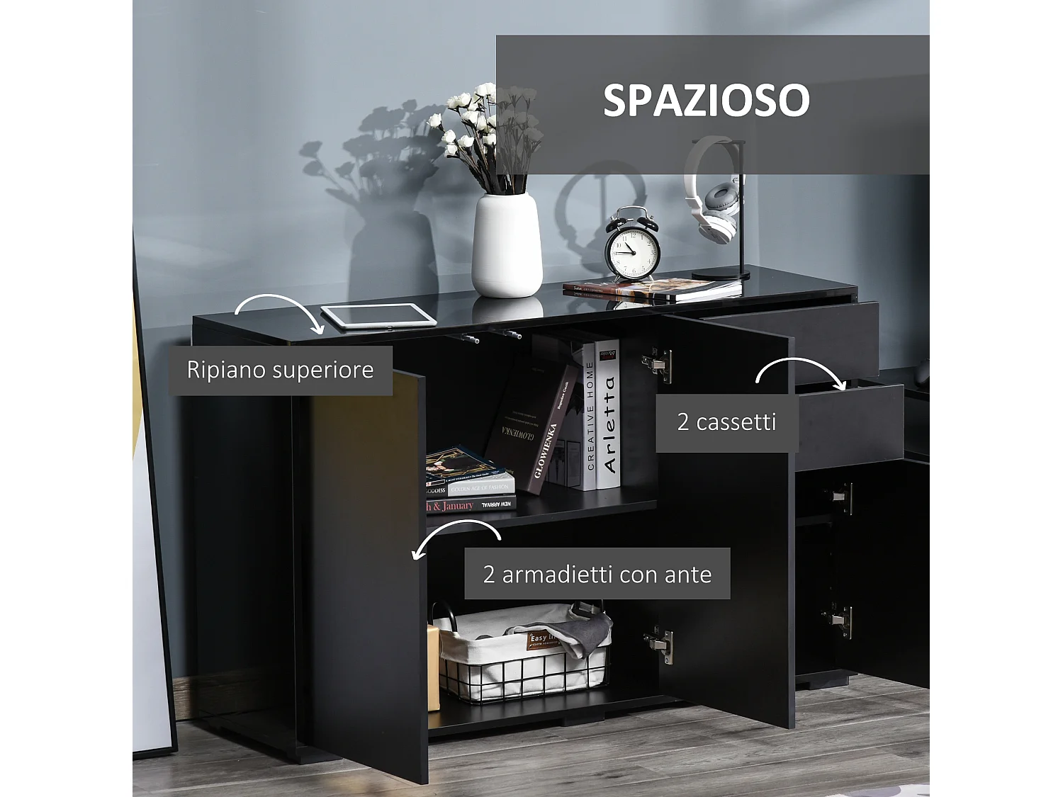 Mobiletto multiuso con apertura a pressione 117x36x74cm nero