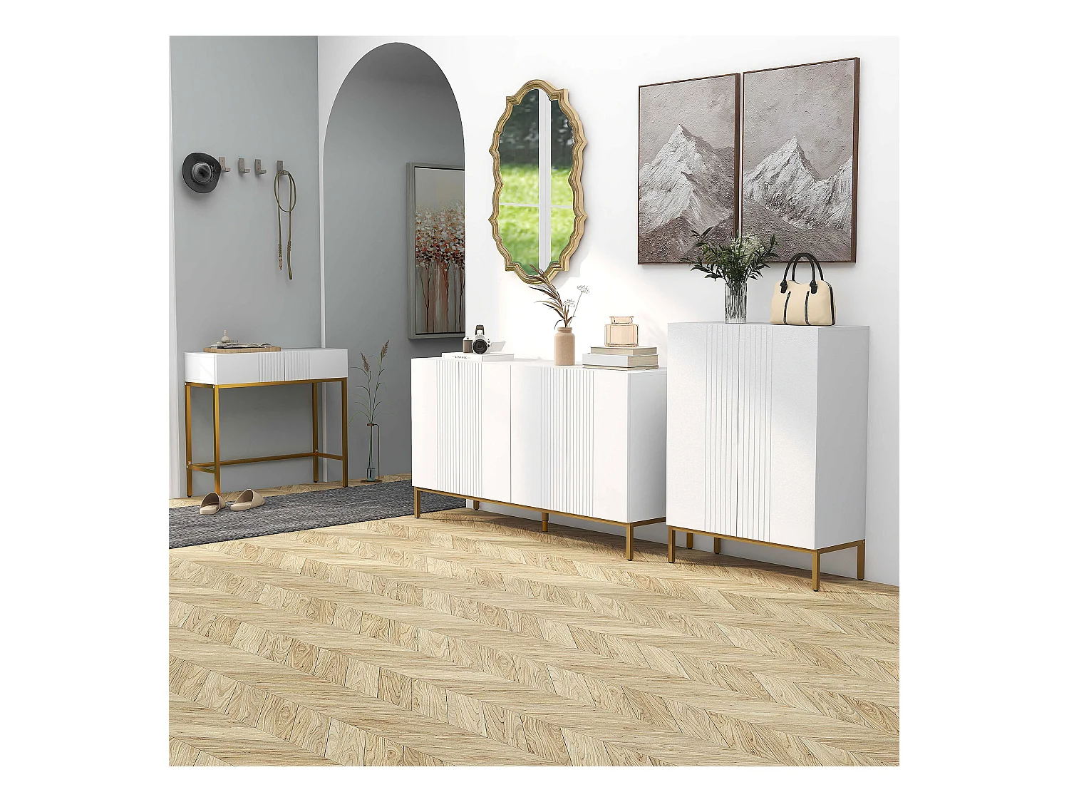 Credenza moderna a 4 ante con chiusura ammortizzata bianco e oro