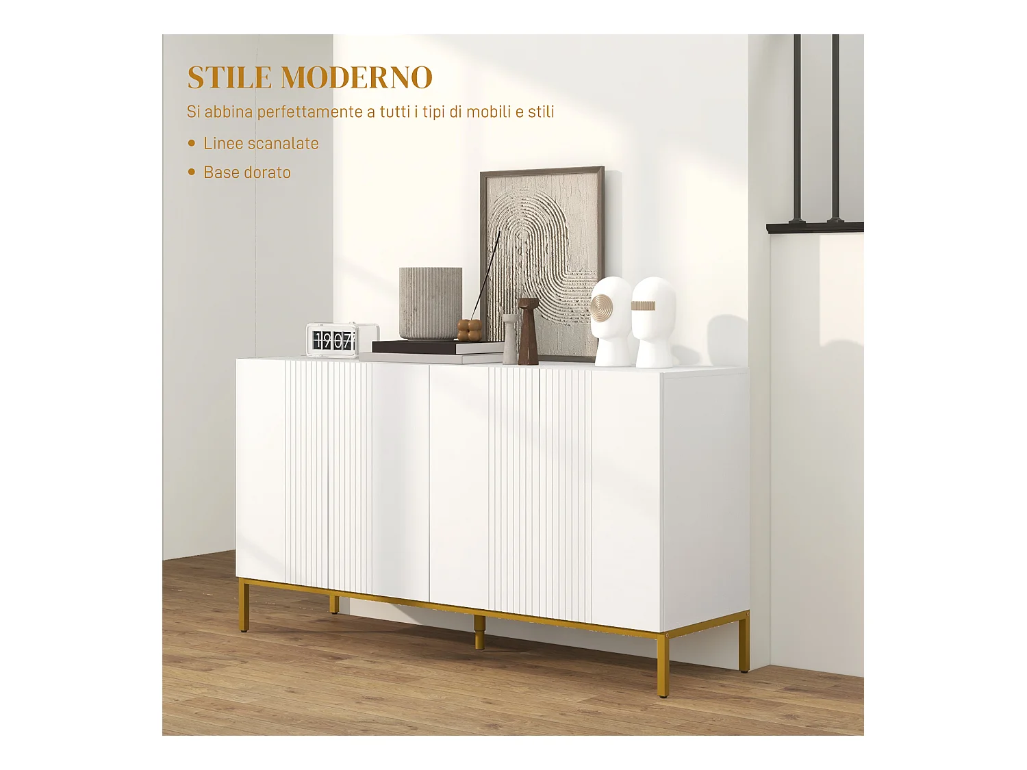 Credenza moderna a 4 ante con chiusura ammortizzata bianco e oro