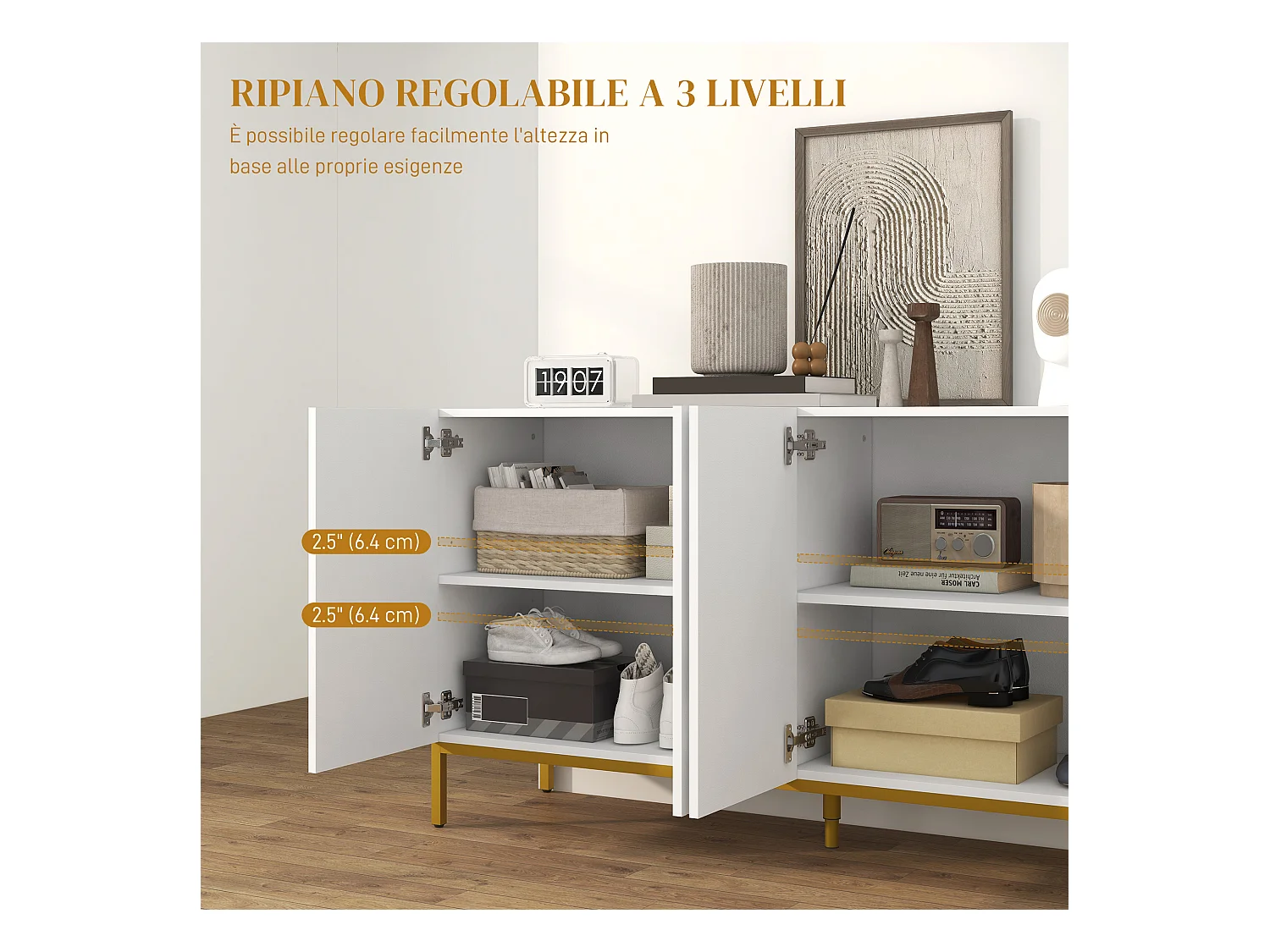 Credenza moderna a 4 ante con chiusura ammortizzata bianco e oro