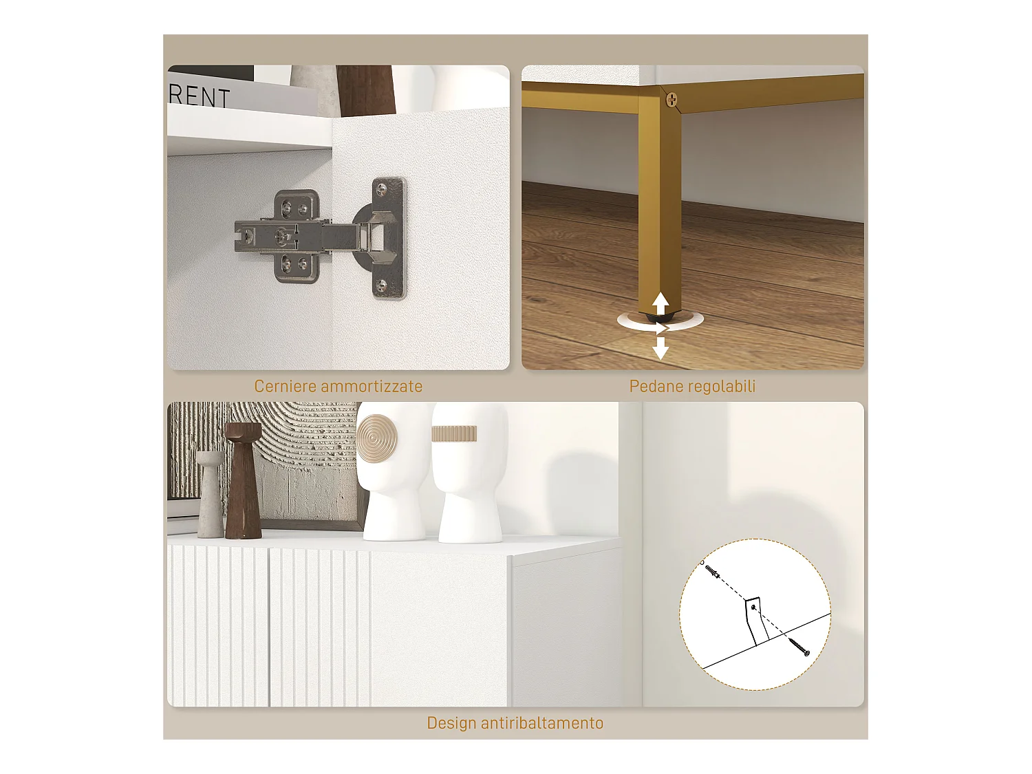 Credenza moderna a 4 ante con chiusura ammortizzata bianco e oro