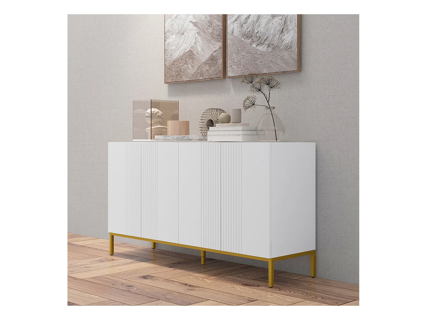 Credenza moderna a 4 ante con chiusura ammortizzata bianco e oro