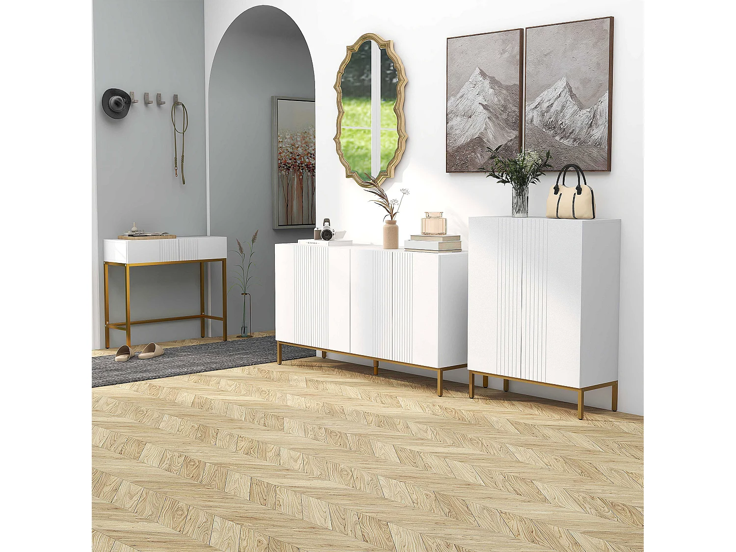 Credenza moderna a 4 ante con chiusura ammortizzata bianco e oro