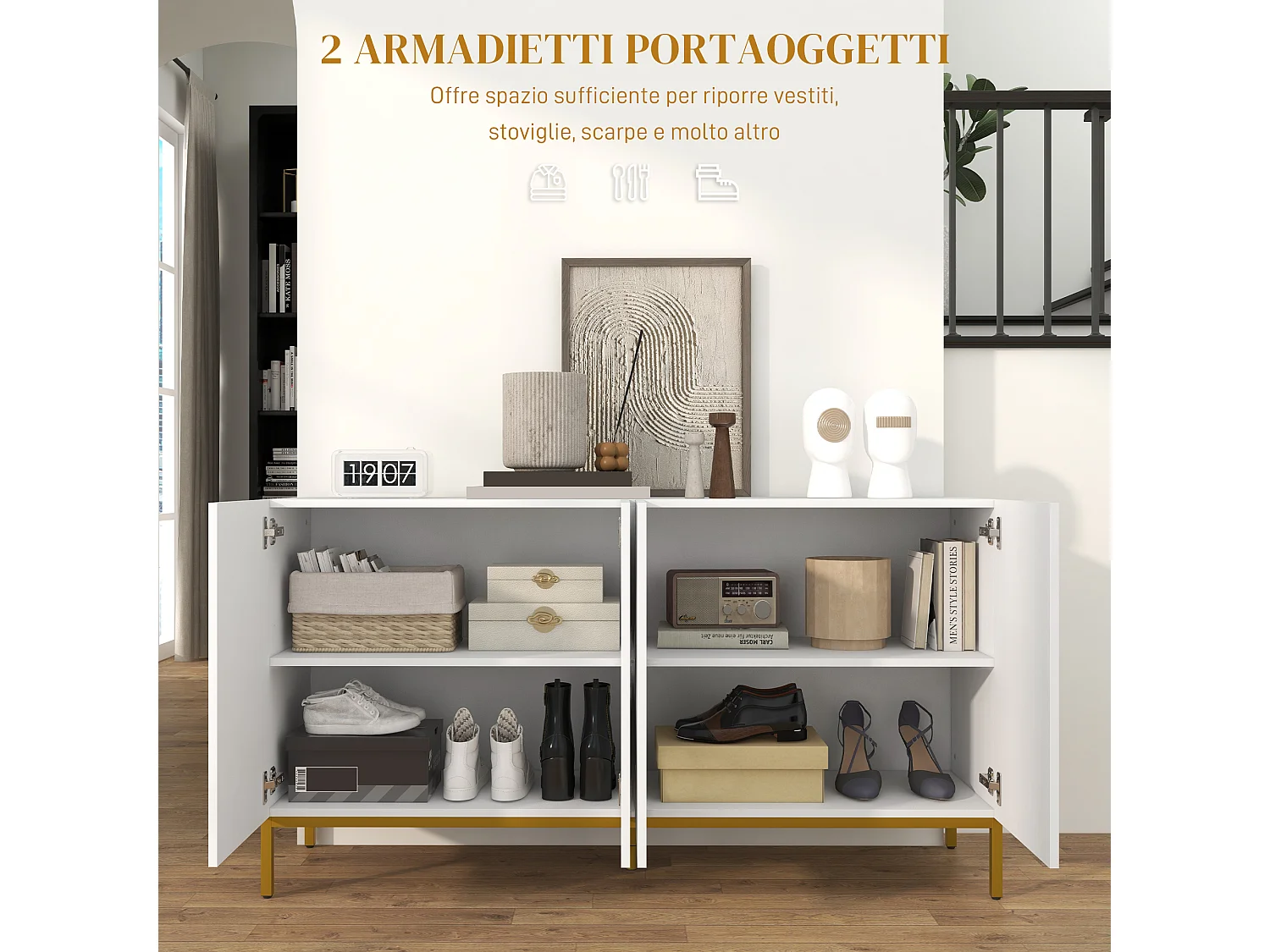 Credenza moderna a 4 ante con chiusura ammortizzata bianco e oro