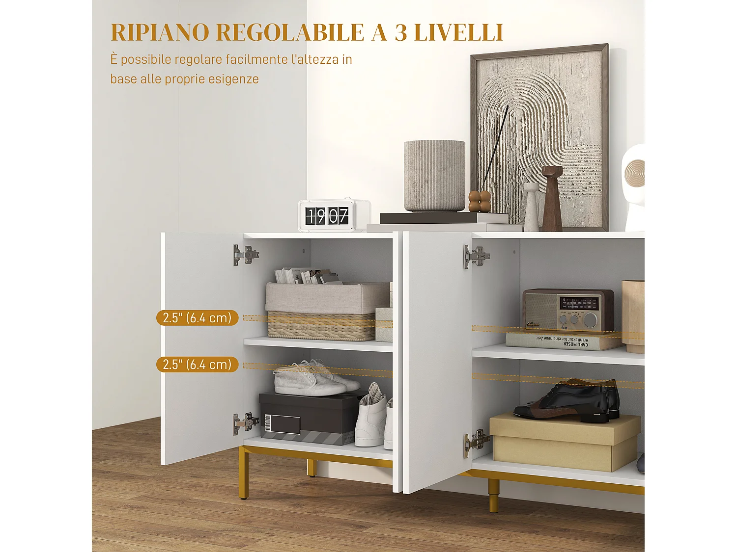 Credenza moderna a 4 ante con chiusura ammortizzata bianco e oro