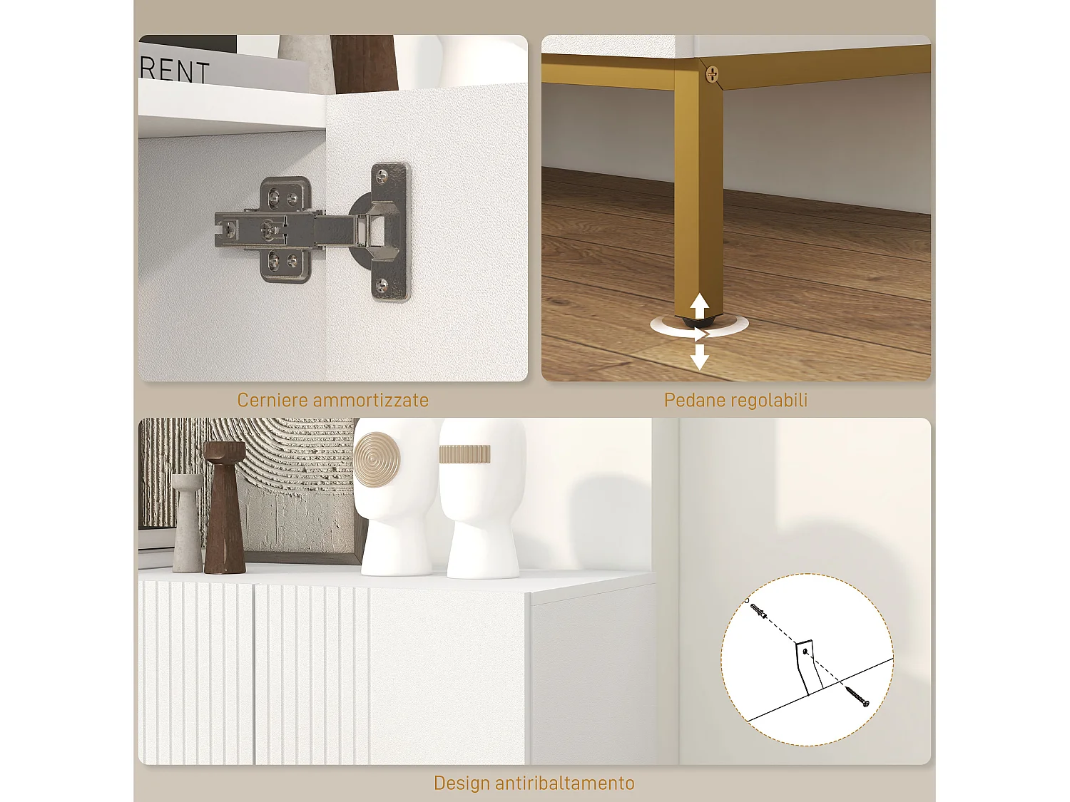 Credenza moderna a 4 ante con chiusura ammortizzata bianco e oro