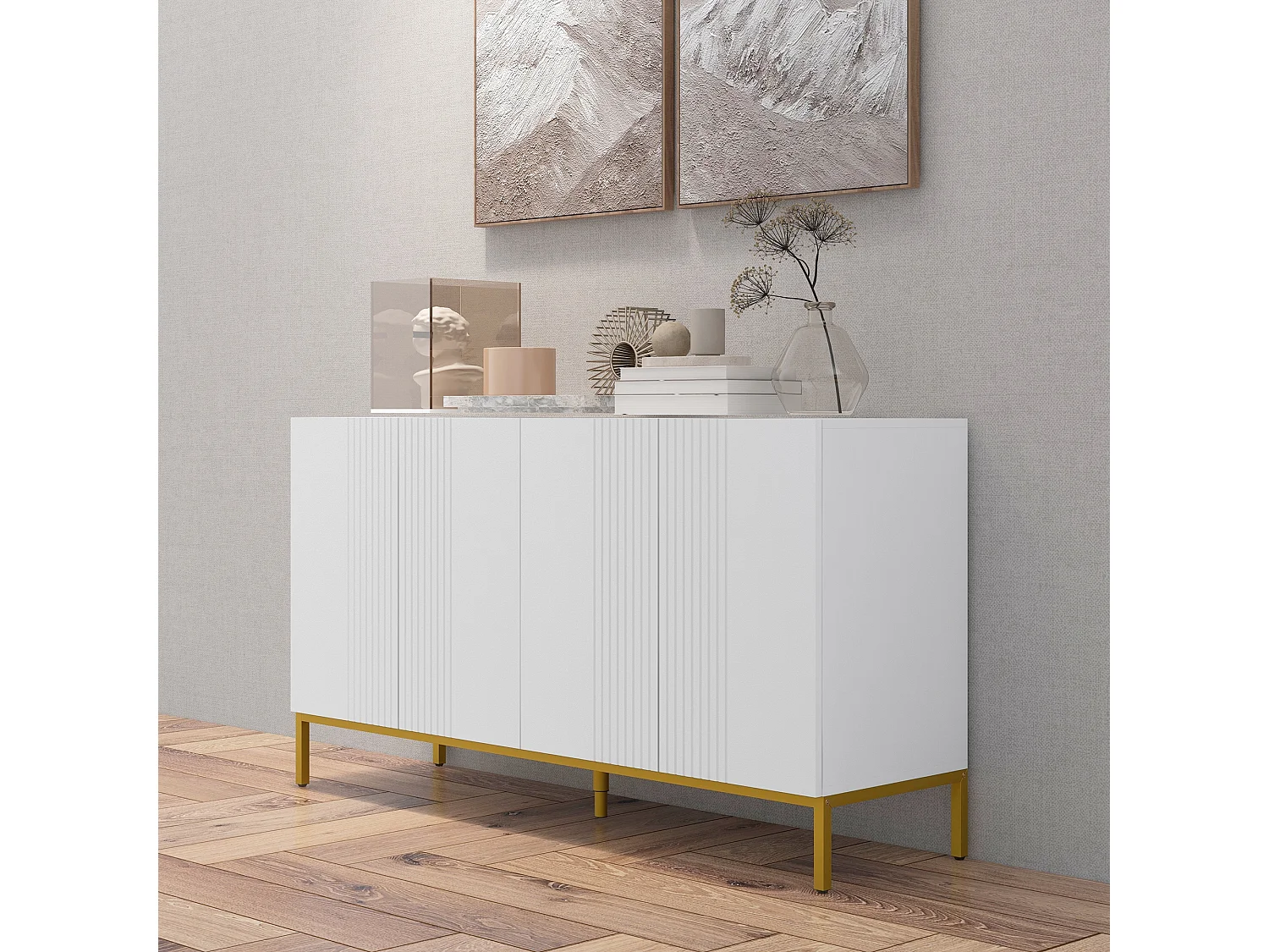 Credenza moderna a 4 ante con chiusura ammortizzata bianco e oro