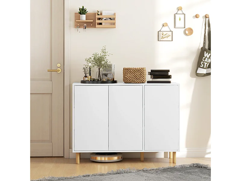 Credenza moderna con 2 armadietti a 3 ripiani in legno bianco