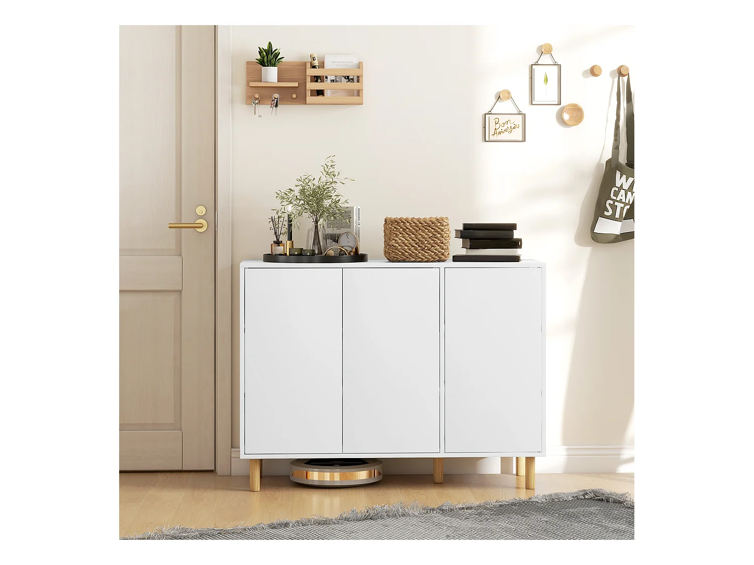 Credenza moderna con 2 armadietti a 3 ripiani in legno bianco