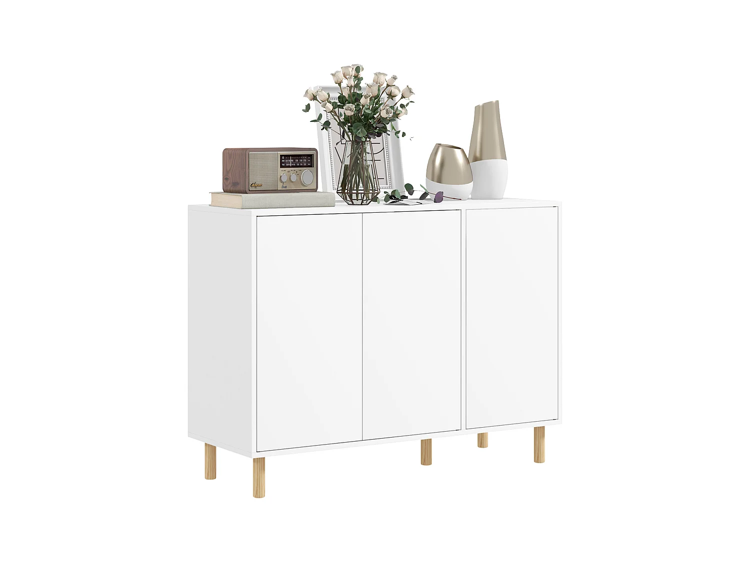 Credenza moderna con 2 armadietti a 3 ripiani in legno bianco