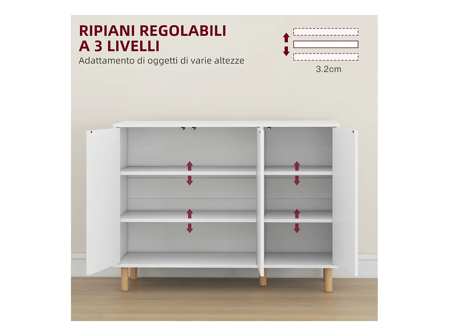 Credenza moderna con 2 armadietti a 3 ripiani in legno bianco