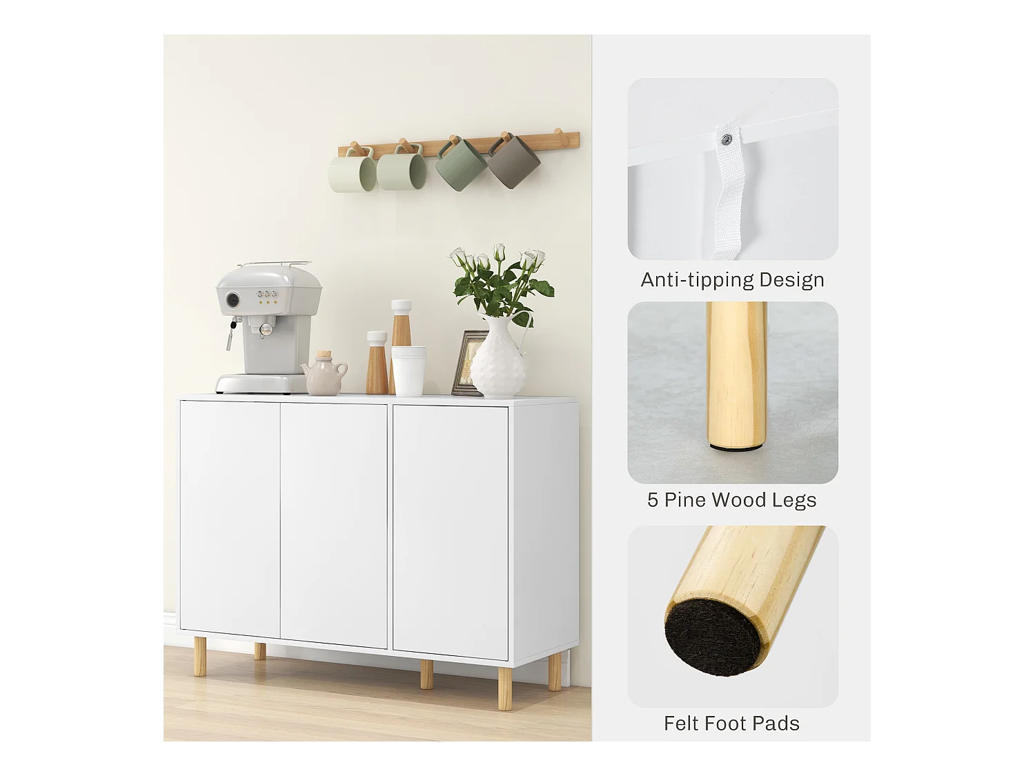 Credenza moderna con 2 armadietti a 3 ripiani in legno bianco