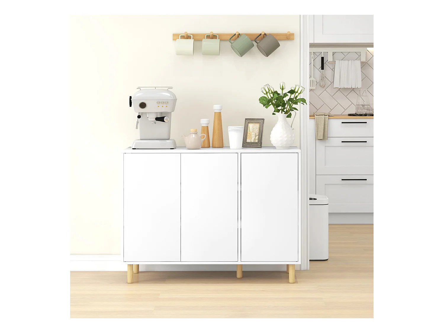 Credenza moderna con 2 armadietti a 3 ripiani in legno bianco