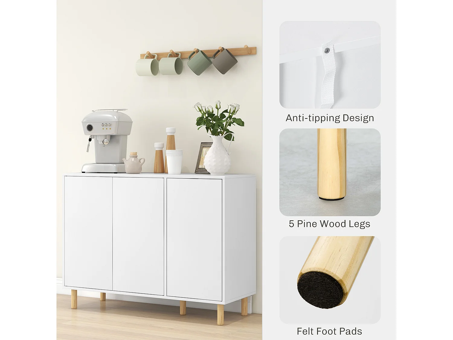 Credenza moderna con 2 armadietti a 3 ripiani in legno bianco