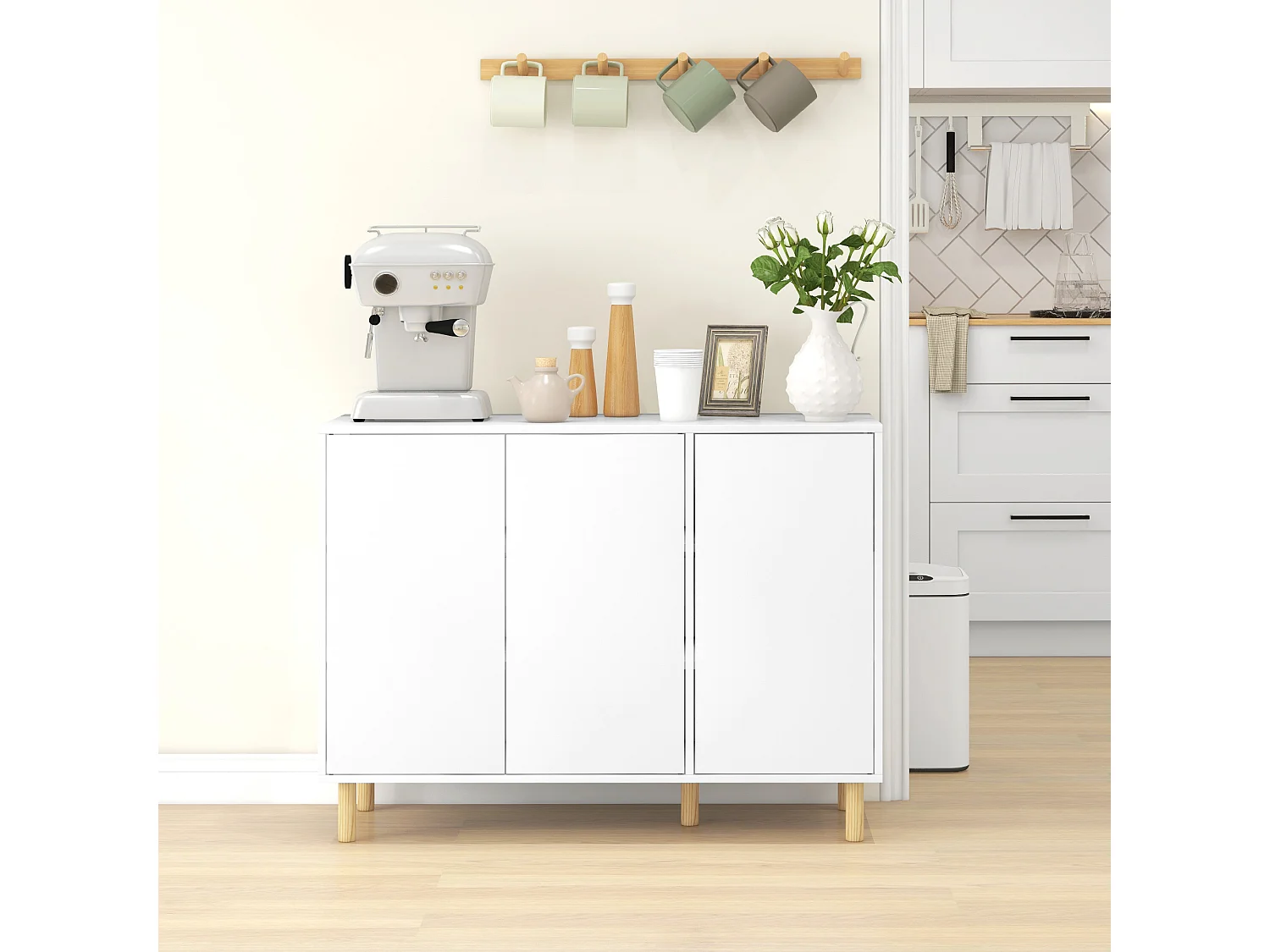 Credenza moderna con 2 armadietti a 3 ripiani in legno bianco