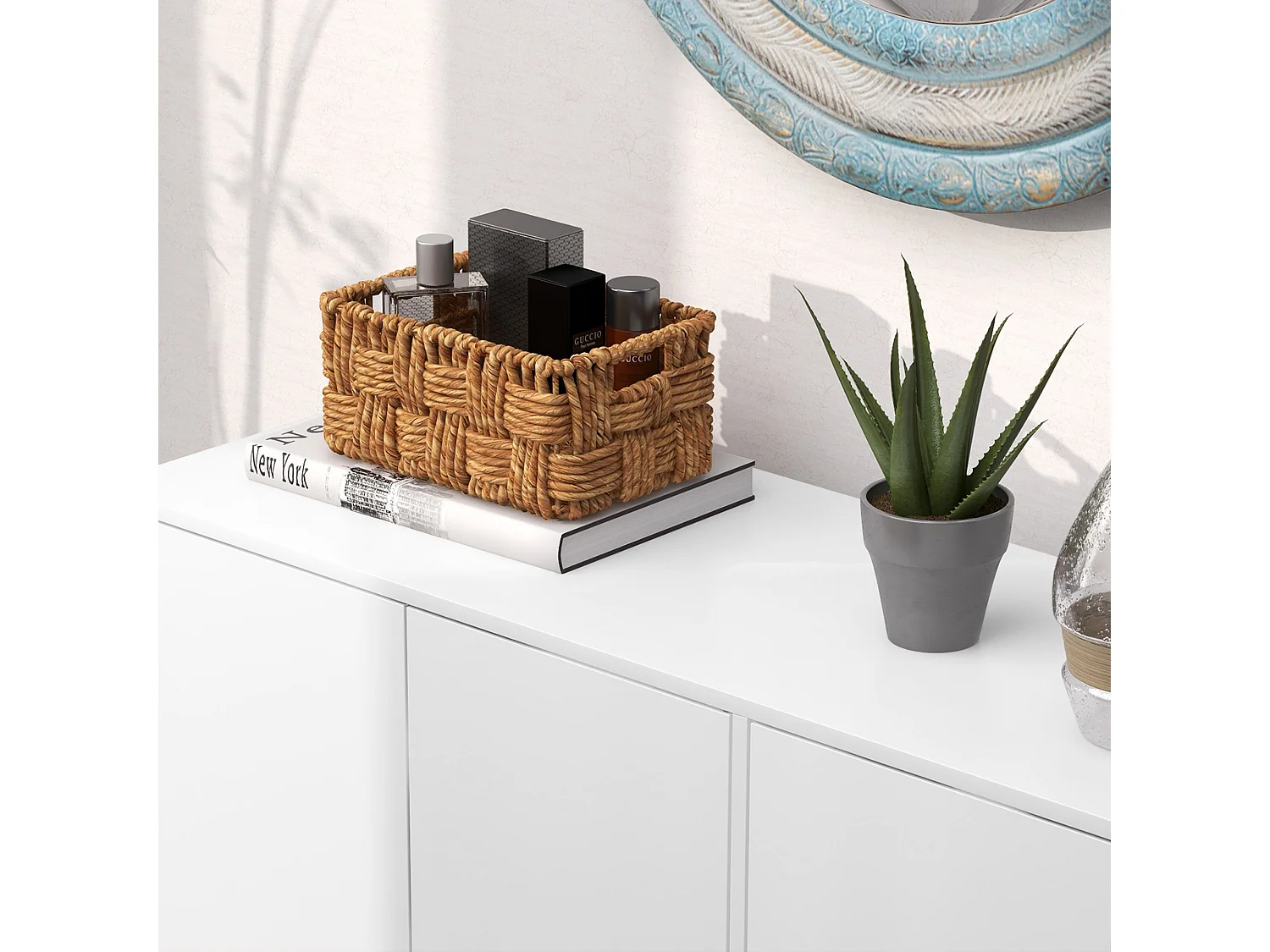 Credenza moderna con 2 armadietti a 3 ripiani in legno bianco