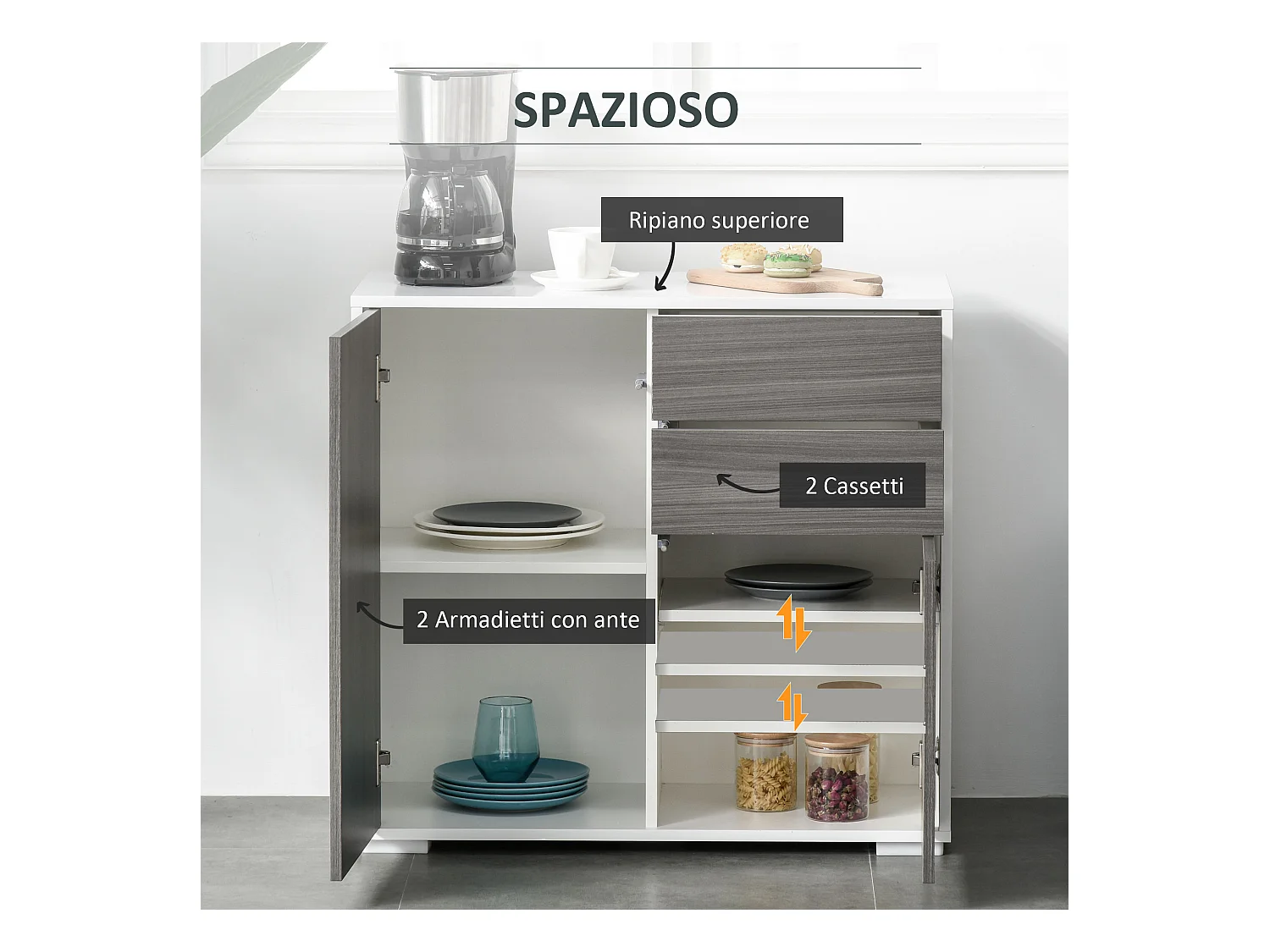 Mobiletto multiuso 2 cassetti e armadietti apertura a pressione