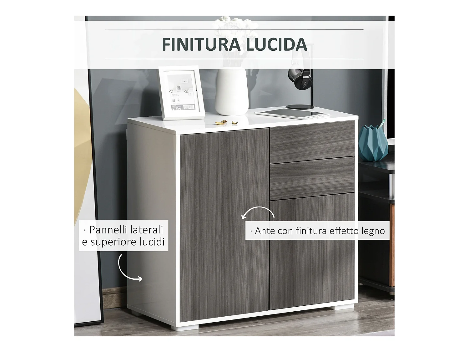 Mobiletto multiuso 2 cassetti e armadietti apertura a pressione