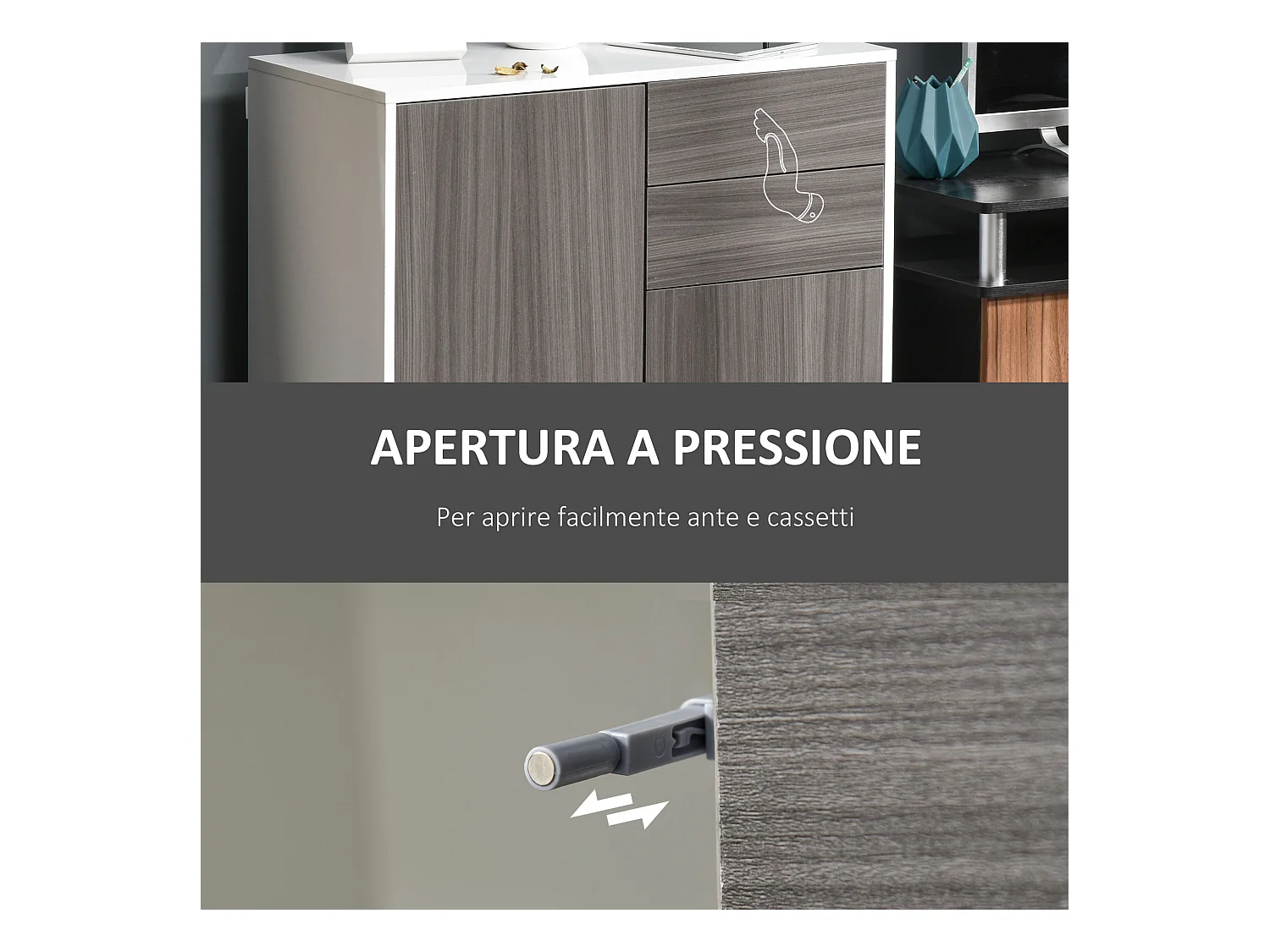 Mobiletto multiuso 2 cassetti e armadietti apertura a pressione