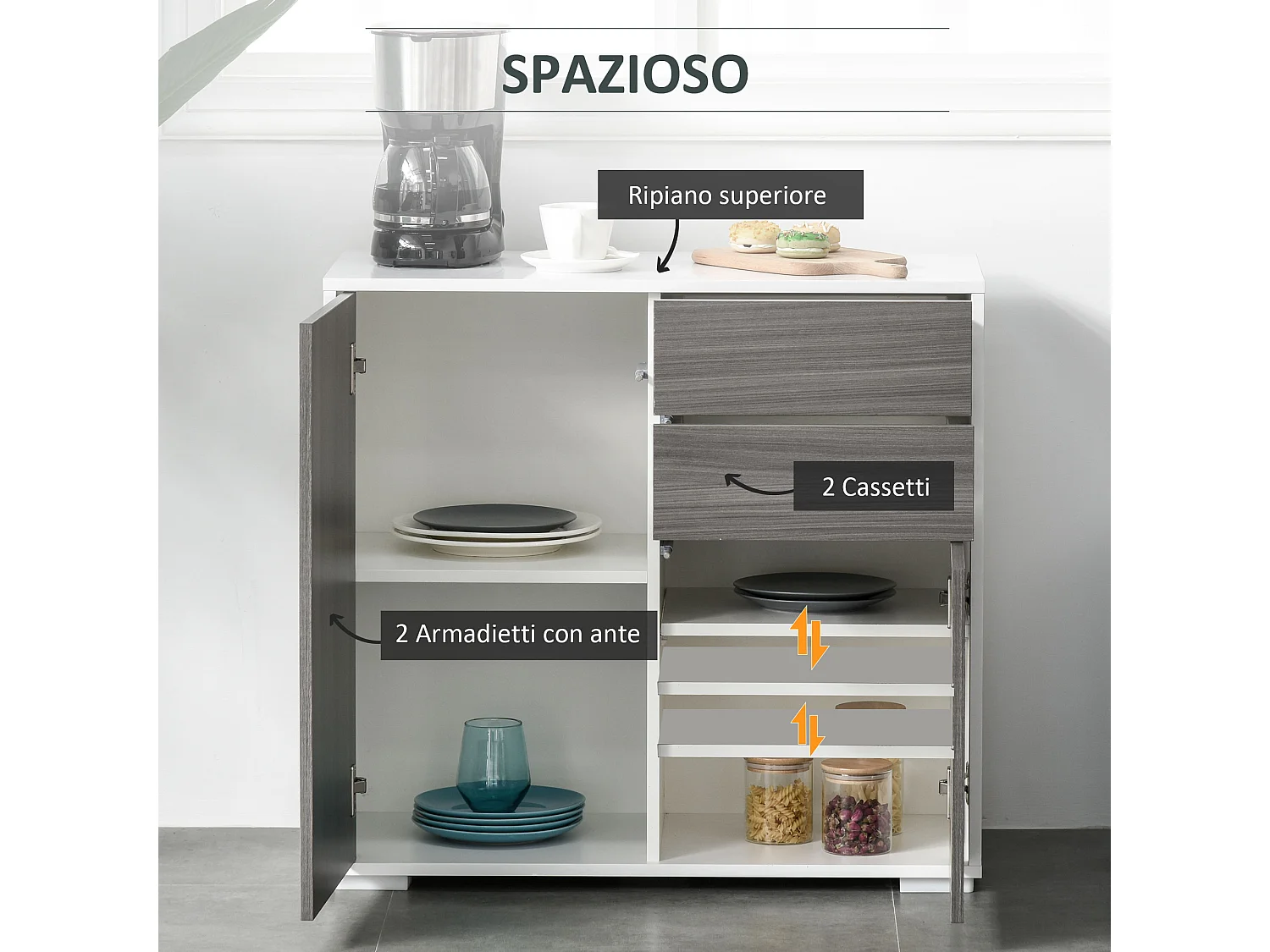 Mobiletto multiuso 2 cassetti e armadietti apertura a pressione