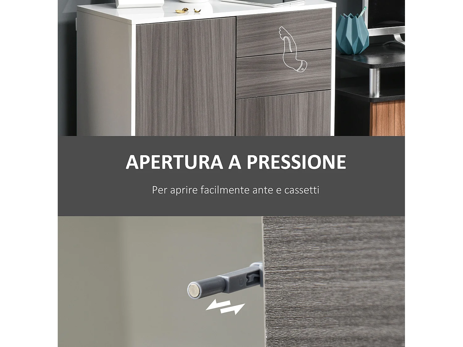 Mobiletto multiuso 2 cassetti e armadietti apertura a pressione