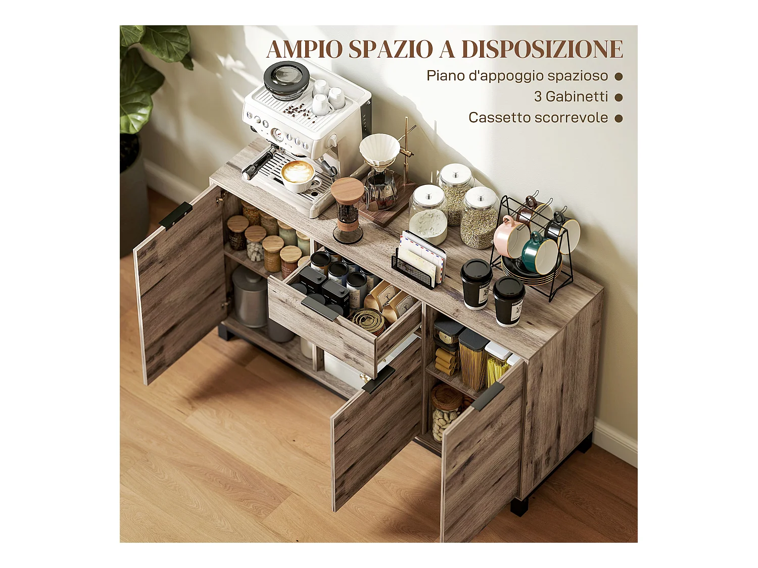 Credenza buffet industriale con cassetto e armadietti in legno marrone