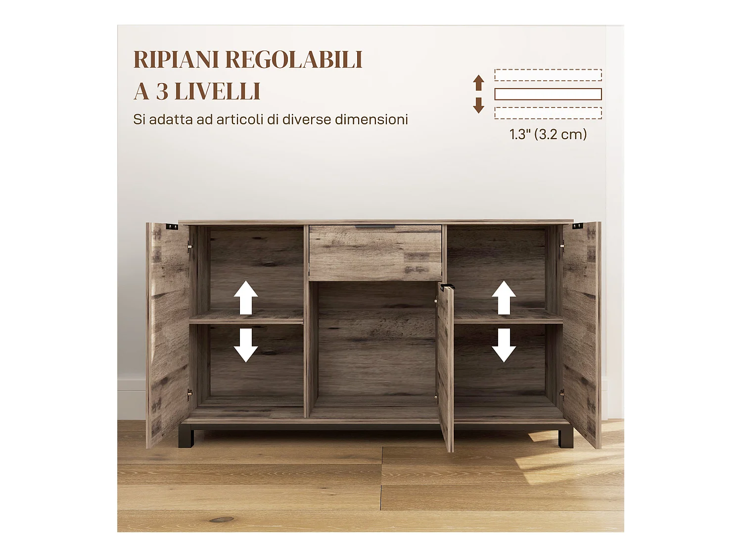 Credenza buffet industriale con cassetto e armadietti in legno marrone