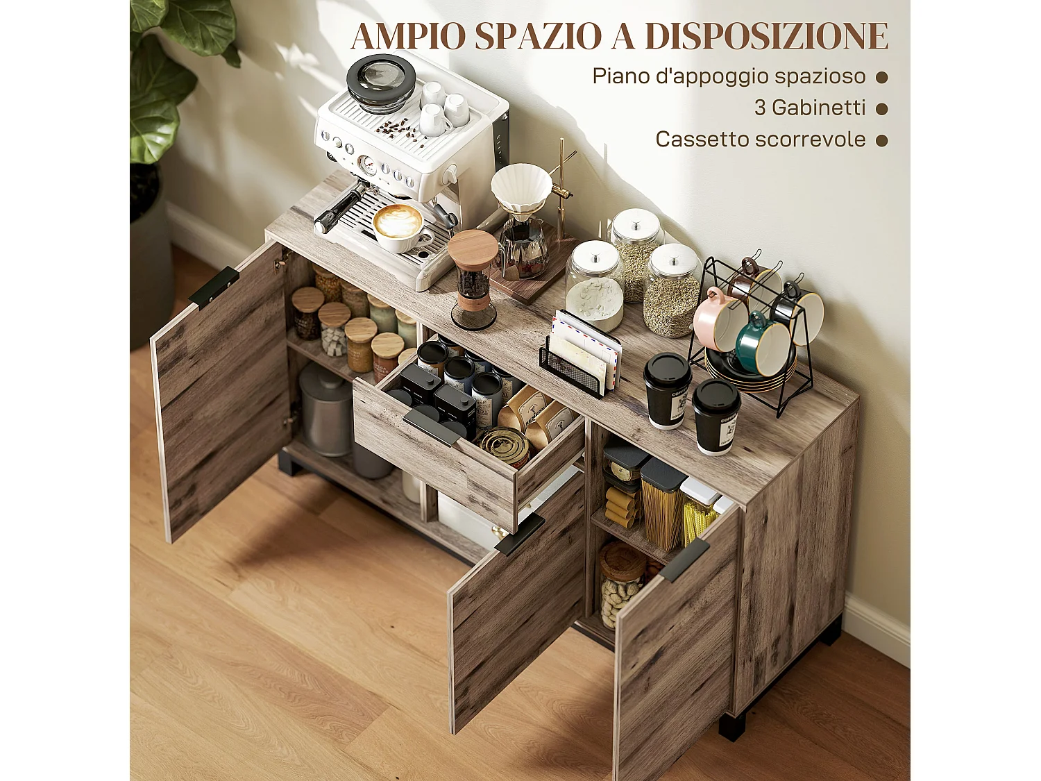 Credenza buffet industriale con cassetto e armadietti in legno marrone