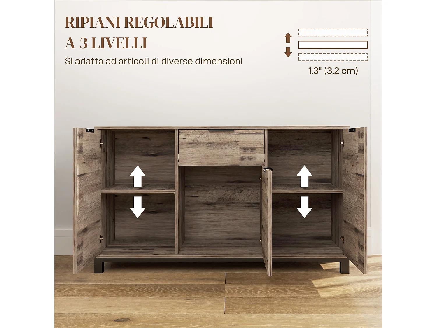 Credenza buffet industriale con cassetto e armadietti in legno marrone