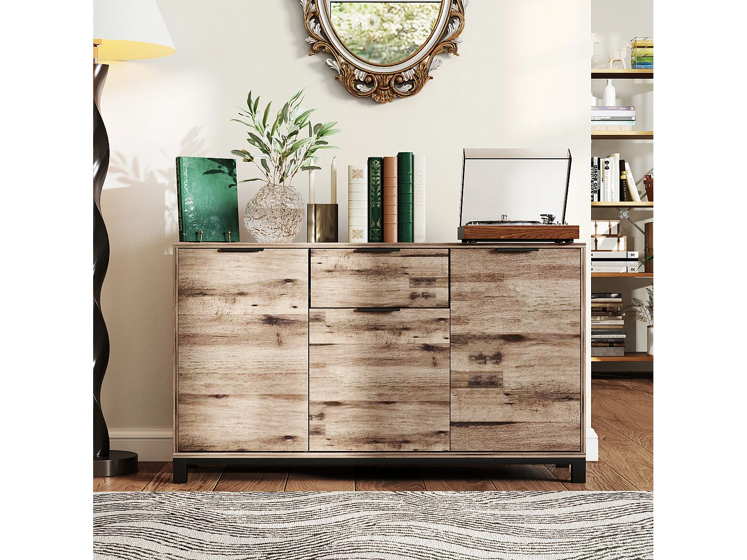 Credenza buffet industriale con cassetto e armadietti in legno marrone