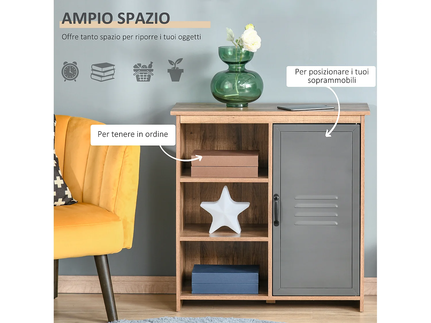 Mobiletto multiuso ripiani aperti e armadietto in legno metallo