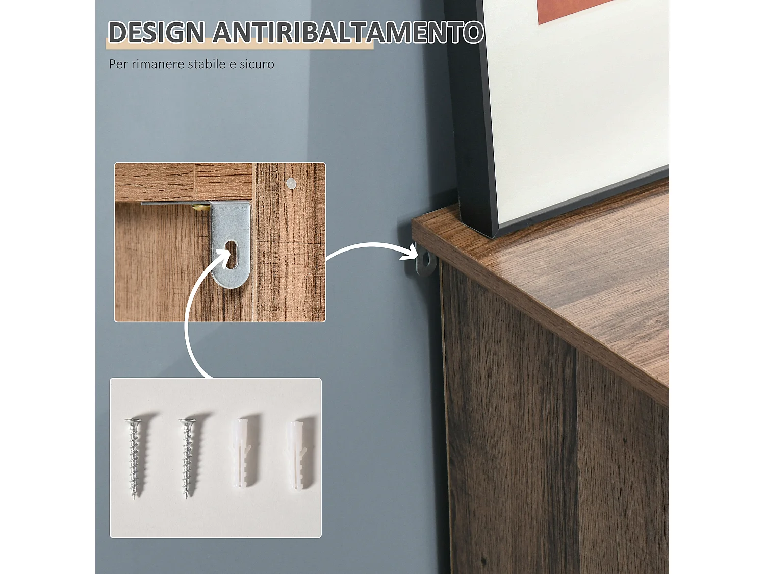 Mobiletto multiuso ripiani aperti e armadietto in legno metallo