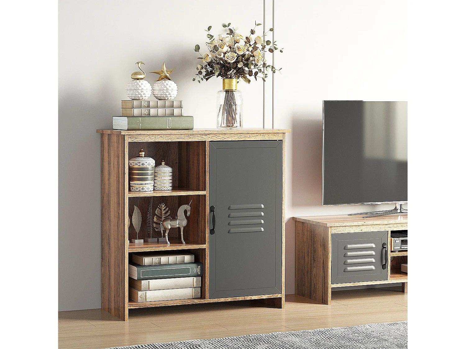 Mobiletto multiuso ripiani aperti e armadietto in legno metallo