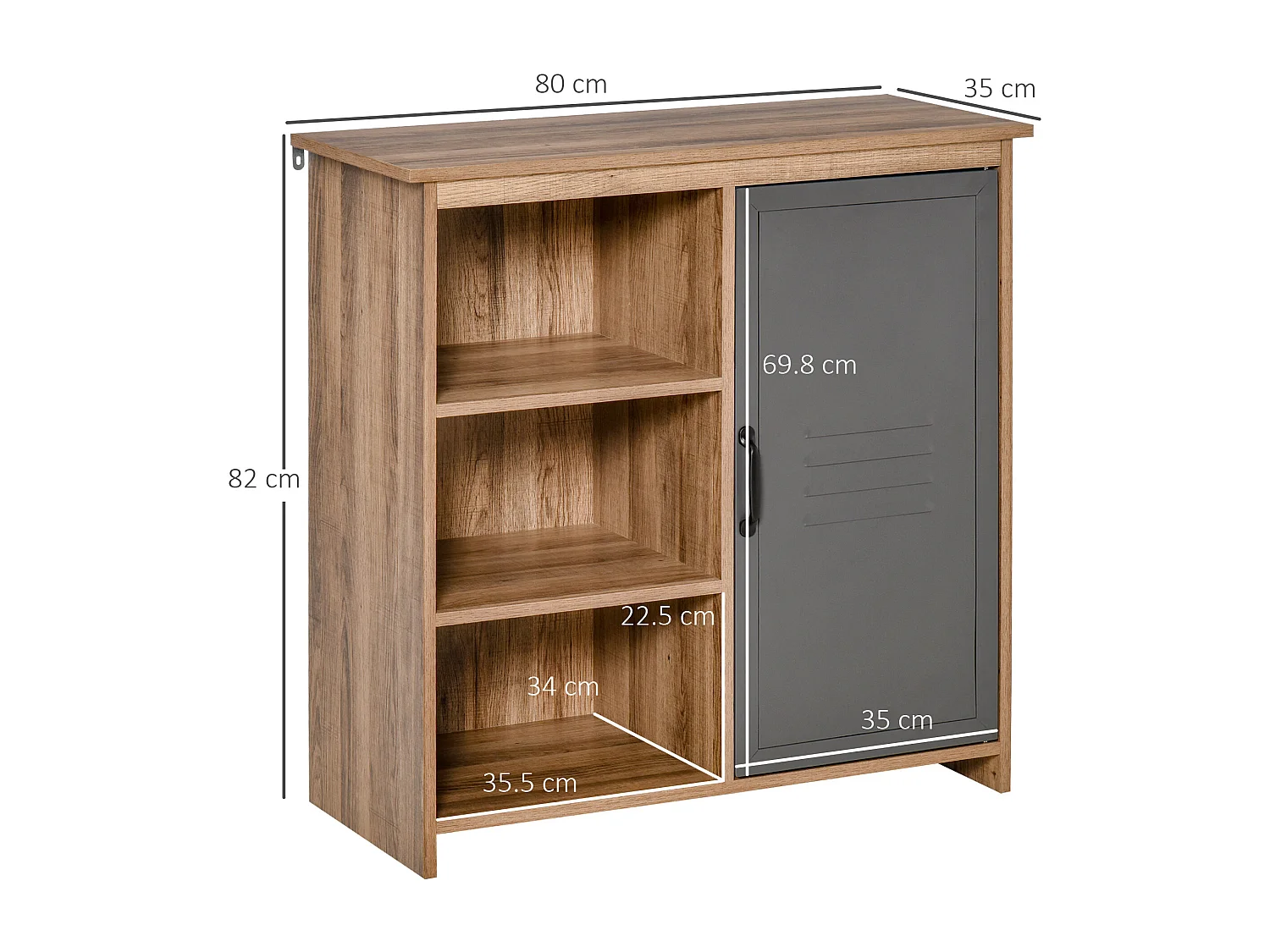 Mobiletto multiuso ripiani aperti e armadietto in legno metallo