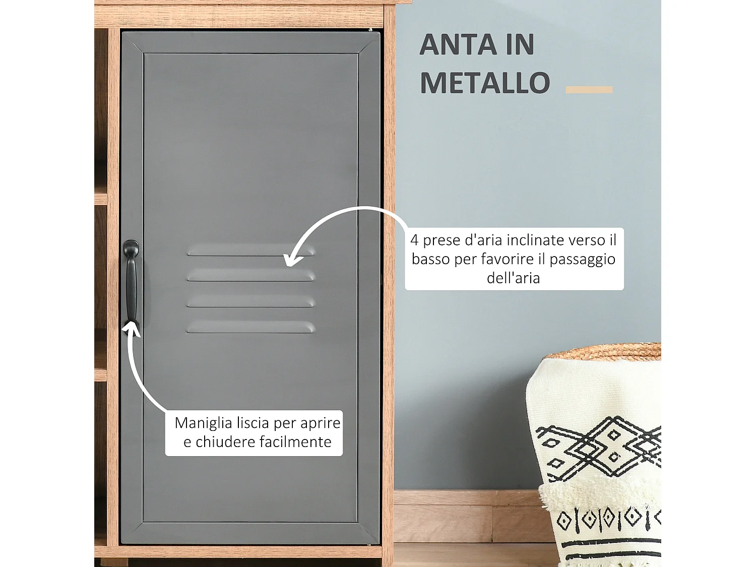 Mobiletto multiuso ripiani aperti e armadietto in legno metallo