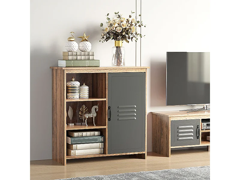 Mobiletto multiuso ripiani aperti e armadietto in legno metallo