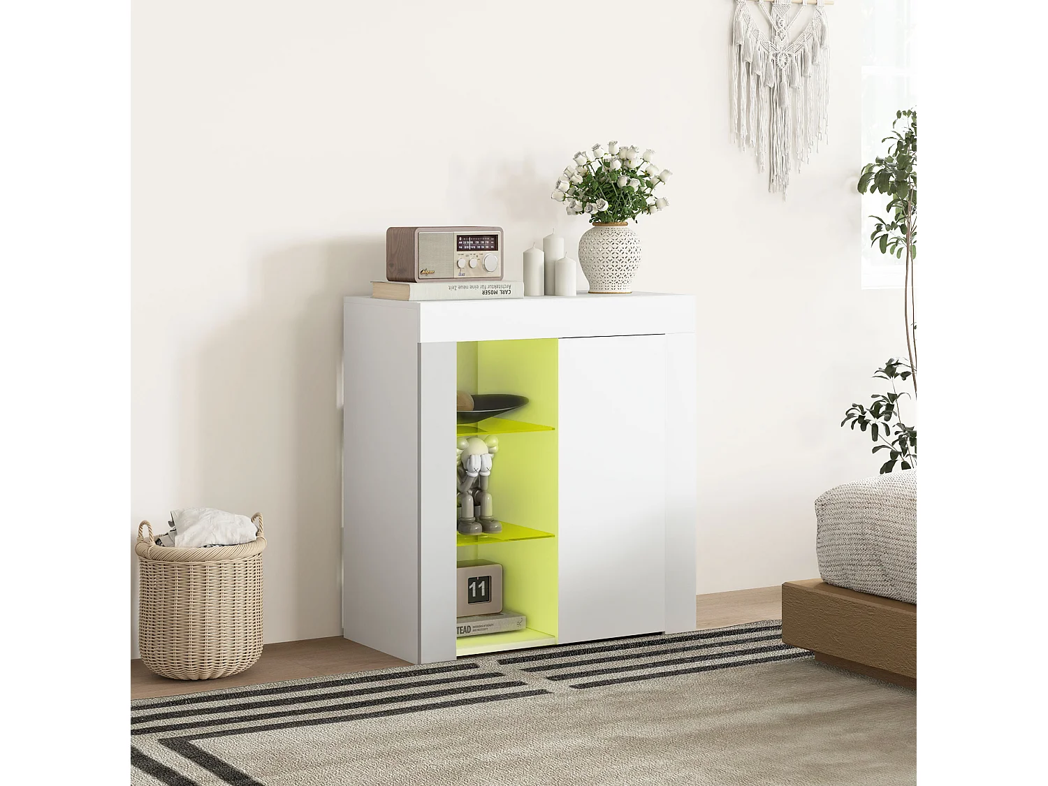 Mobile contenitore a led con 3 ripiani aperti e armadietto bianco