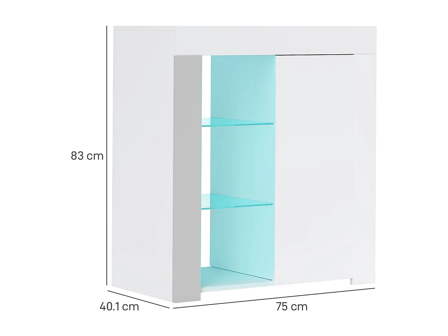 Mobile contenitore a led con 3 ripiani aperti e armadietto bianco