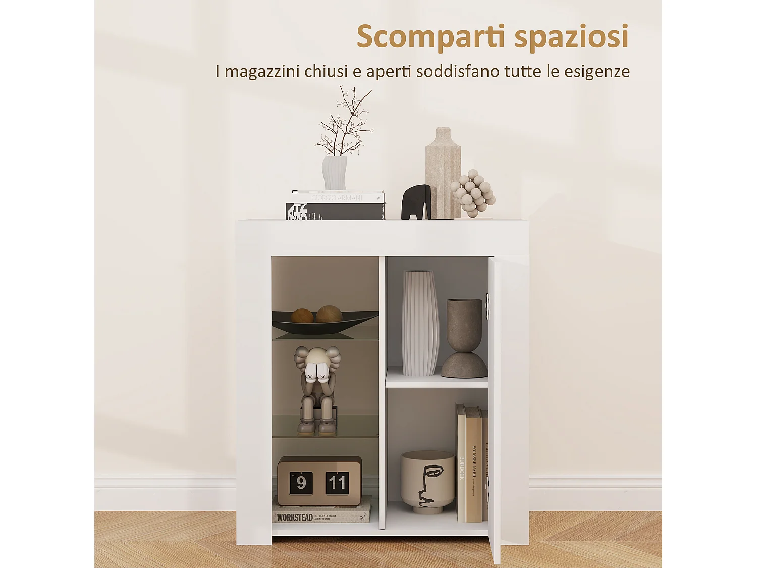 Mobile contenitore a led con 3 ripiani aperti e armadietto bianco